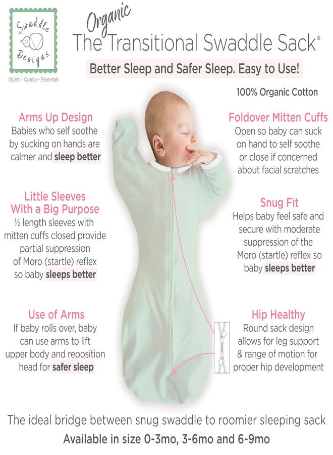 SwaddleDesigns Organic Transitional Swaddle Sack, Arms Up Swaddle with Half-Length Sleeves & Mitten Cuffs, Medium, 3-6 Months, 14-21 lbs, Soft Jadeite - Image 2